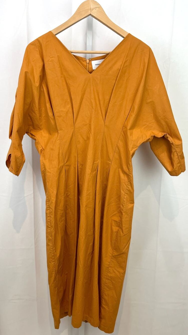 KINDERSALMON Estimtaed M  Cocoon Dress 3/4 Sleeve V-Neck Midi Cotton Orange